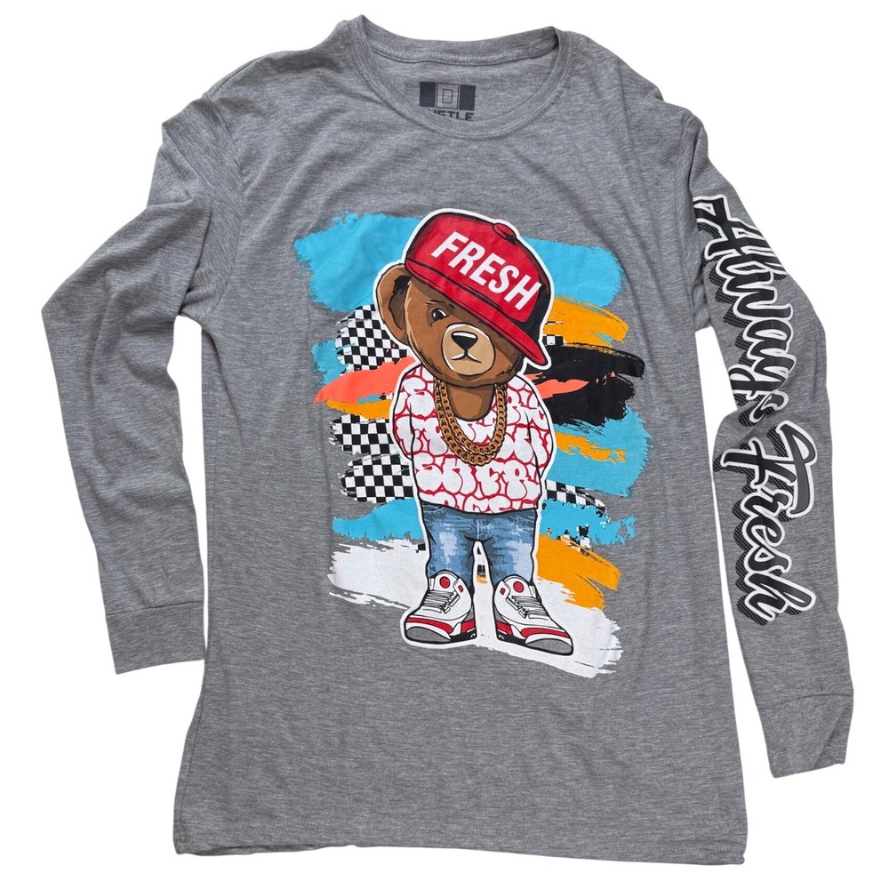 Hustle G Mens‎ Long Sleeve Graphic T-Shirt Bundle Gray Savage Fresh Bear Large